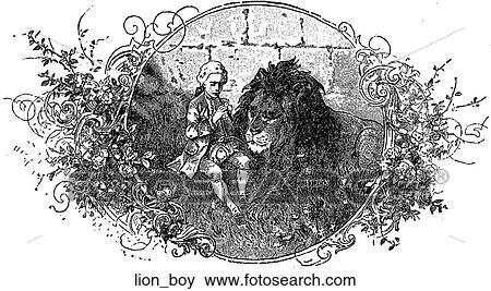Stock Illustration - Mammals - scene. A boy plays a flute for a lion.. Fotosearch