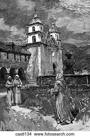 Church and Fountain, Santa Barbara, Spanish California, early 1800s View Large Illustration Stock Illustration - Church and Fountain, Santa Barbara, Spanish California, early 1800s. Fotosearch