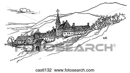 Fortified Mountain Village with Church. Illustration by Howard Pyle View Large Illustration Drawing - Fortified Mountain Village with Church. Illustration by Howard Pyle. Fotosearch