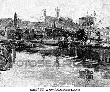 Lincoln Cathedral, England, as seen from the Pool View Large Illustration Drawing - Lincoln Cathedral, England, as seen from the Pool. Fotosearch