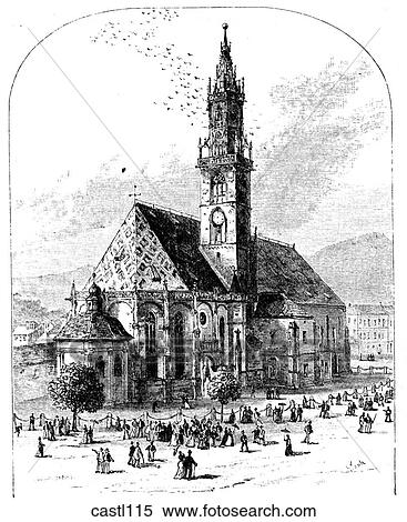 Stock Illustration - Parish Church, Botzen, Austria. Fotosearch