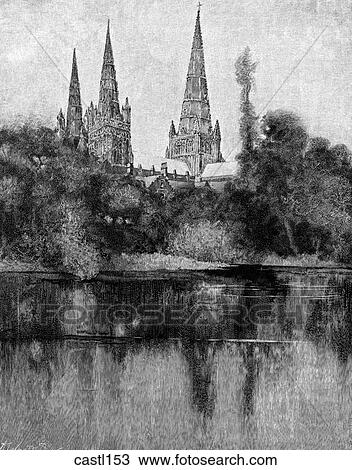 Drawing - The Spires of Lichfield Cathedral, England, from the Southwest. Fotosearch