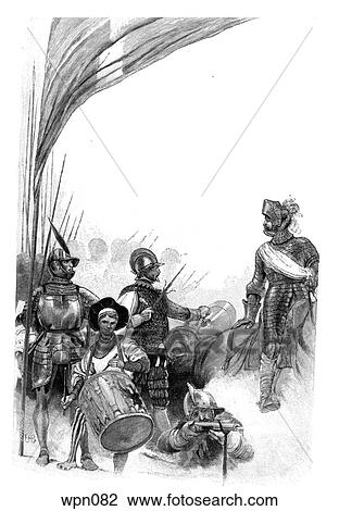 16th Century Soldiers: Regiment of Picardy, Drummer of Lansqunets, Artillery Officer (1555), General Officer (1590) View Large Illustration Drawing - 16th Century Soldiers: Regiment of Picardy, Drummer of Lansqunets, Artillery Officer (1555), General Officer (1590). Fotosearch