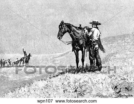 A Cowboy Standing off Indians. Illustration by Frederic Remington View Large Illustration Stock Illustration - A Cowboy Standing off Indians. Illustration by Frederic Remington. Fotosearch