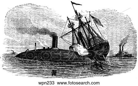 Drawing - Confederate Ram CSS Manasses Attacking the USS Brooklyn, American Civil War. Fotosearch