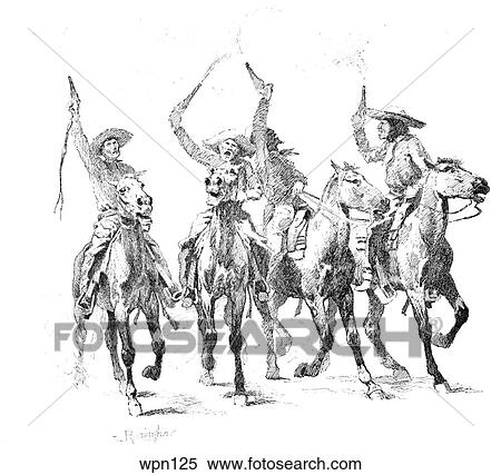 Cowboys Shooting up a Town. Illustration by Frederic Remington View Large Illustration Stock Illustration - Cowboys Shooting up a Town. Illustration by Frederic Remington. Fotosearch