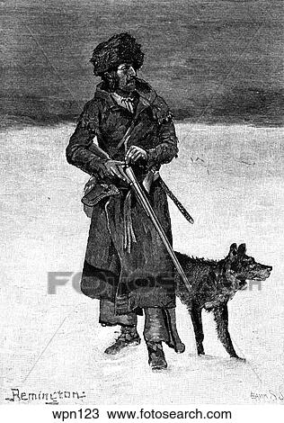 French-Canadian Trapper, With Dog and Rifle. Illustration by Frederic Remington View Large Illustration Drawing - French-Canadian Trapper, With Dog and Rifle. Illustration by Frederic Remington. Fotosearch