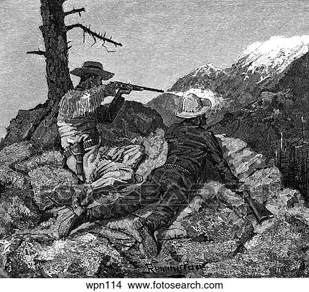 Hunters Shooting at Mountain Goats. Illustration by Frederic Remington View Large Illustration Stock Illustration - Hunters Shooting at Mountain Goats. Illustration by Frederic Remington. Fotosearch