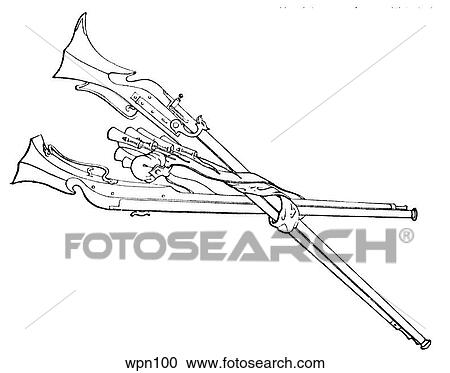 Musket, Caliver, and Bandoleers, early 17th century View Large Illustration Clipart - Musket, Caliver, and Bandoleers, early 17th century. Fotosearch