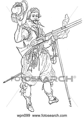 Stock Illustration - Musketeer and Caliver-Man, early 17th century. Fotosearch