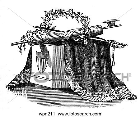 Sword, Garland, and Roman Fasces (symbol of justice) View Large Illustration Clip Art - Sword, Garland, and Roman Fasces (symbol of justice). Fotosearch