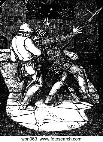 Drawing - The Assassination of the Night Watchman. Illustration by Howard Pyle. Fotosearch