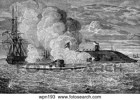 The Battle Between the USS Monitor and the CSS Merrimac, American Civil War View Large Illustration Drawing - The Battle Between the USS Monitor and the CSS Merrimac, American Civil War. Fotosearch