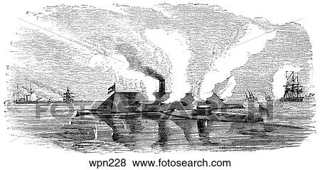 Stock Illustration - The USS Monitor vs. the CSS Merrimac, American Civil War. Fotosearch