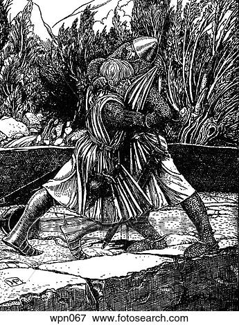 Stock Illustration - Two Knights Struggling on a Bridge. Illustration by Howard Pyle. Fotosearch