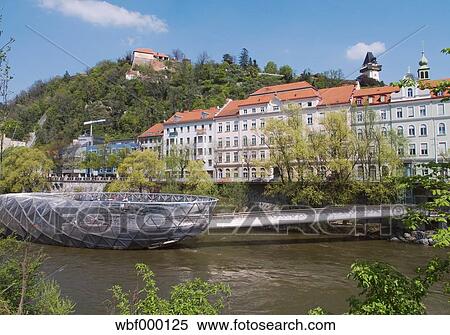 Austria Styria Graz Tourist At Murinsel With City In Background