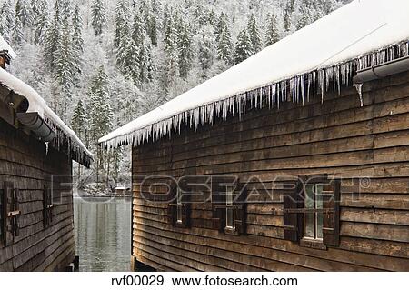 Germany Bavaria Berchtesgaden Kings Lake Log Cabins In Winter