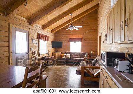 Usa Texas Interior Of Rustic Log Home Cabin Stock Photo