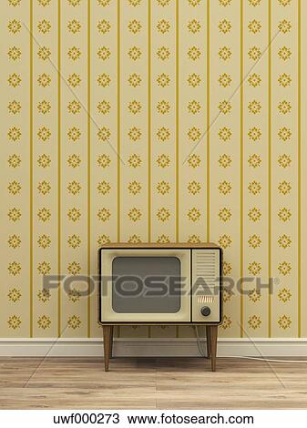 古い テレビ の前 黄色 壁紙をパターン装飾した ストックイメージ Uwf Fotosearch