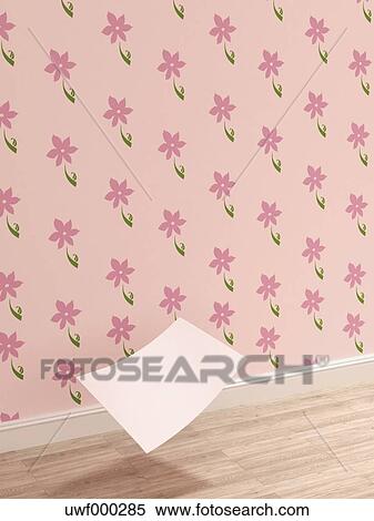 白紙 の ペーパー 倒れる へ 木製の床 の前 ピンク 壁紙 で 花の意匠 ３ｄ ﾚﾝﾀﾞﾘﾝｸﾞ ストックフォト 写真素材 Uwf Fotosearch