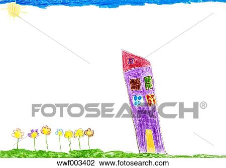 Dessin Enfant Coloré Maison Et Fleurs Banque Dimage