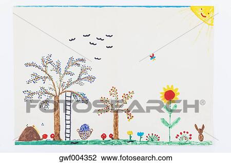 Dessin Enfant Jardin Prunier Fleurs Banque Dimage