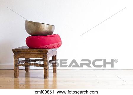 Meditation Stool With Cushion And Sound Bowl Stock Image
