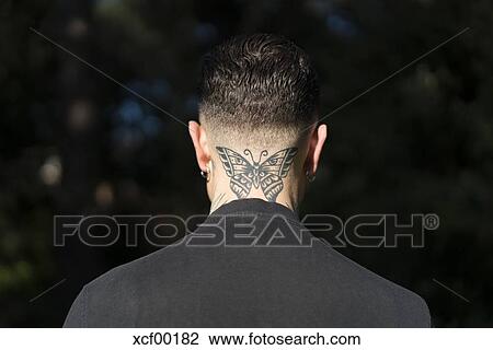 منظر الظهر بسبب الرجل ب وشم وشم شخص موكل باتباع الملذات عن له العنق ألبوم الصور Xcf00182 Fotosearch