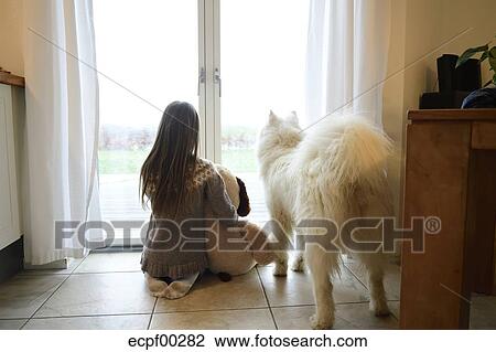 Back View Of Girl And Her Dog Looking Through French Door Stock