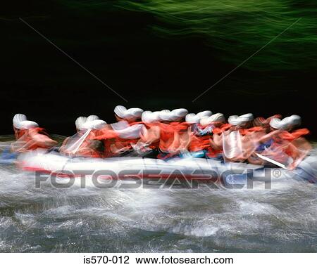 Stock Image - dinghy, group, life preservers, motion, people. Fotosearch