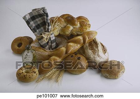 Stock Photo - bakery, arrangement, bagel, background, assorted, bottle, agriculture. Fotosearch
