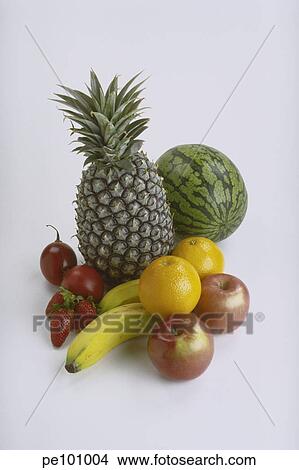 Picture - banana, apple, background, assorted, arrangement, cantelope, agriculture. Fotosearch
