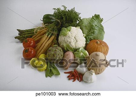 Stock Image - capsicum, arrangement, background, assorted, asparagus, carrot, agriculture. Fotosearch