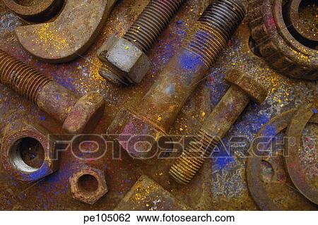 Stock Image - background, bolt, brown, dark, indoor, industry, metal. Fotosearch