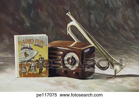 Stock Photography - arrangement, still life, radio, bugle, antique. Fotosearch