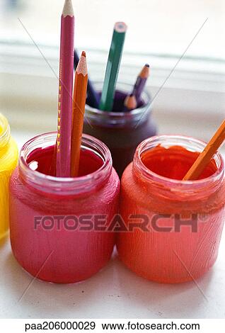 Paint jars holding colored pencils. View Large Photo Image Stock Photo - Paint jars holding colored pencils.. Fotosearch