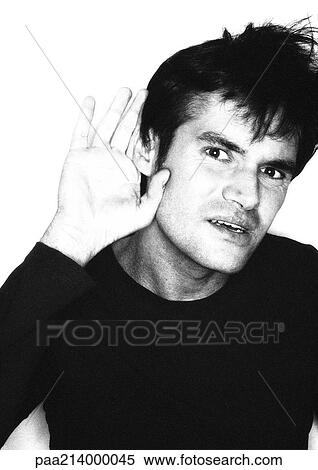 Man, hand behind ear, listening, portrait, b&w. View Large Photo Image Stock Photography - Man, hand behind ear, listening, portrait, b&w.. Fotosearch