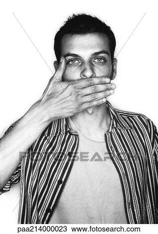 Man, hand over mouth, portrait, b&w. View Large Photo Image Stock Image - Man, hand over mouth, portrait, b&w.. Fotosearch