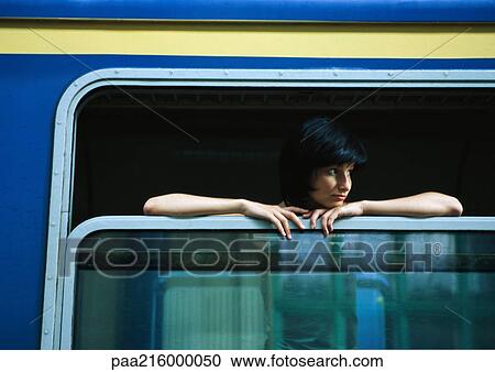 Woman on train, looking out of open window View Large Photo Image Stock Image - Woman on train, looking out of open window. Fotosearch