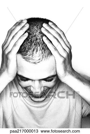 Man smiling, hands on head, portrait, b&w. View Large Photo Image Stock Image - Man smiling, hands on head, portrait, b&w.. Fotosearch
