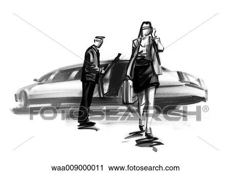 Clip Art - drawing, black and white, illustration, businesswoman, limousine, director, business. Fotosearch