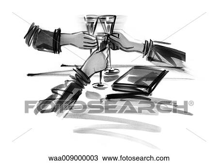 Drawing - drawing, black and white, illustration, glasses, to clink glasses, party, event. Fotosearch