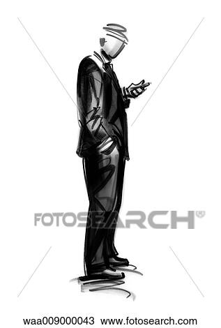 Drawing - drawing, black and white, illustration, telephone, mobile, message, to communicate. Fotosearch