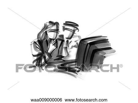 drawing, black and white, illustration, computer, work, office, colleague View Large Illustration Stock Illustration - drawing, black and white, illustration, computer, work, office, colleague. Fotosearch