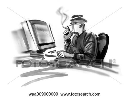 Stock Illustration - drawing, black and white, illustration, computer, data processing, work, to communicate. Fotosearch
