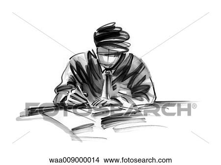 Stock Illustration - drawing, black and white, illustration, businessman, office, business, busy. Fotosearch