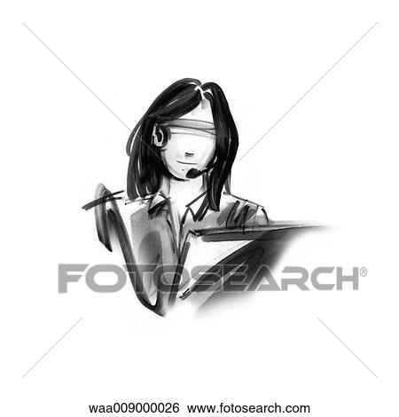 Stock Illustration - drawing, black and white, illustration, work, office, secretary, secretariat. Fotosearch