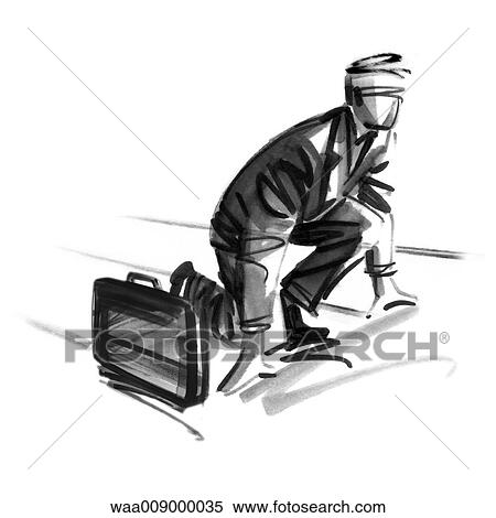 Stock Illustration - drawing, black and white, illustration, businessman, departure, loan, go-ahead type. Fotosearch