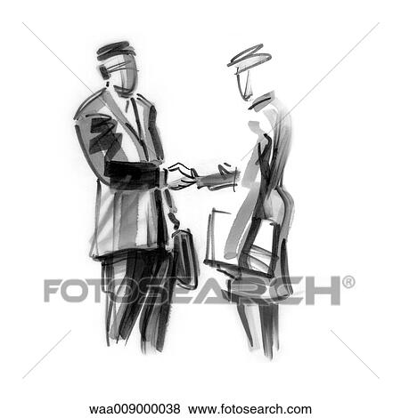 Stock Illustration - drawing, black and white, illustration, business, businessman, appointment, handshake. Fotosearch