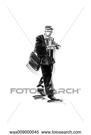 Stock Illustration - drawing, black and white, illustration, businessman, appointment, punctuality, late. Fotosearch